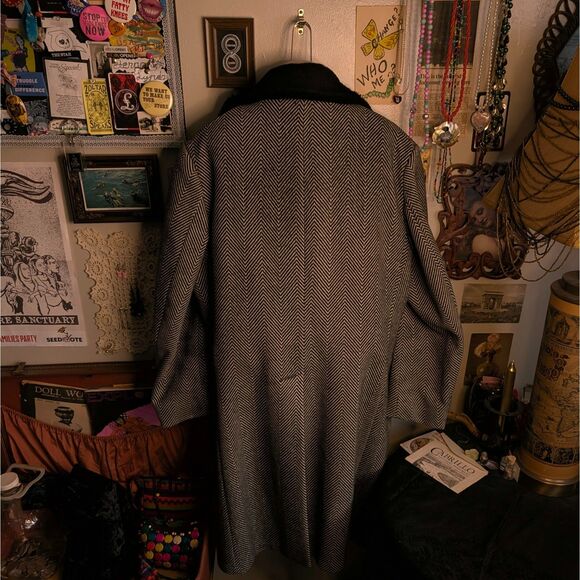 Vintage Herringbone Striped Overcoat Men's 38 Small/Medium Brown Wool Fur Lined - Picture 2 of 6